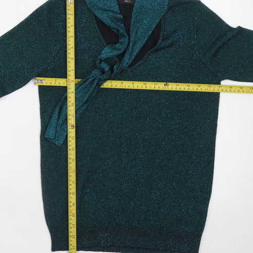 M&Co Women's Green Size 10 V-Neck Bow Glitter Pullover Jumper
