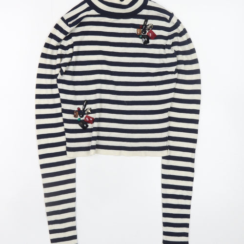 Zara Women Multicoloured Mock Neck Striped Wool Knit Jumper Size 8