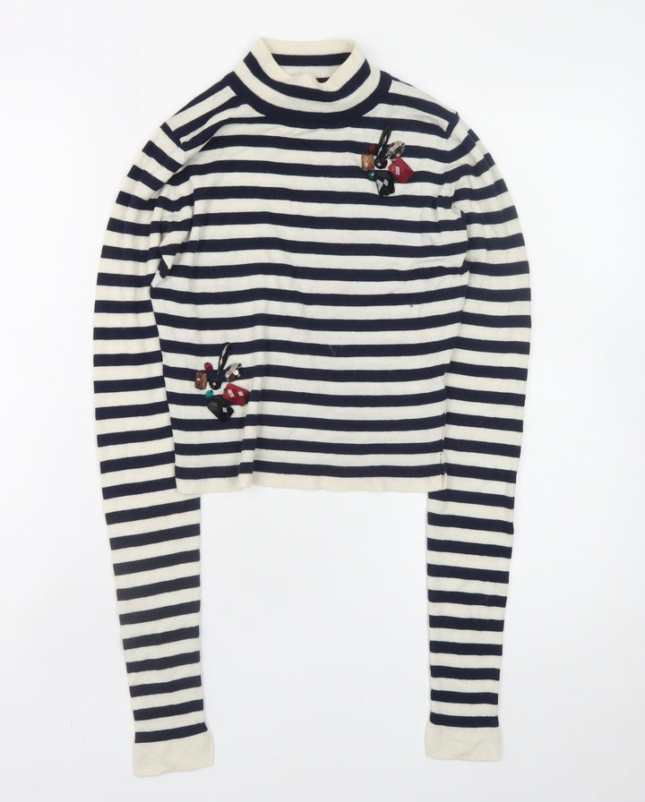Zara Women Multicoloured Mock Neck Striped Wool Knit Jumper Size 8
