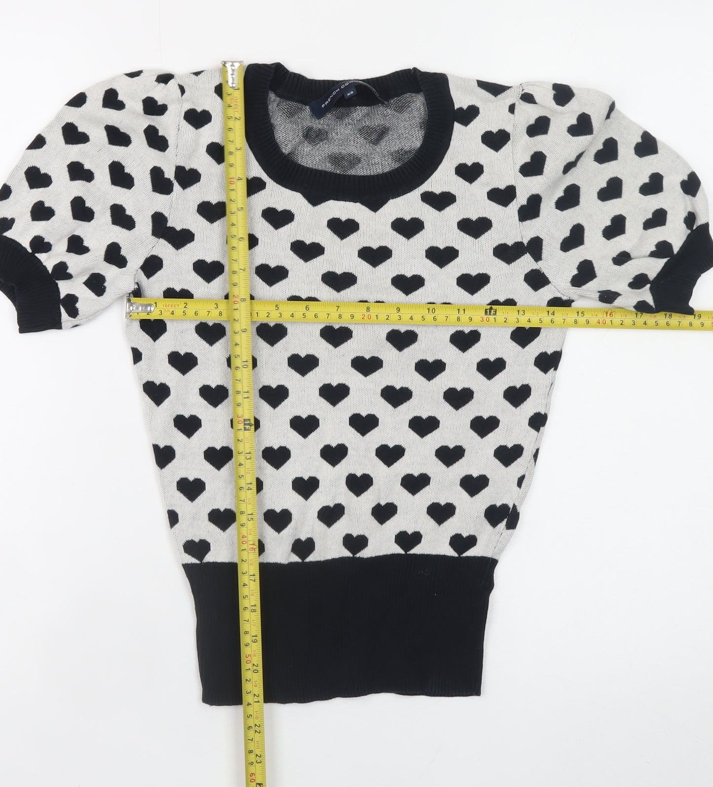 French Connection Women's Black Heart Print Cotton Pullover Jumper XS