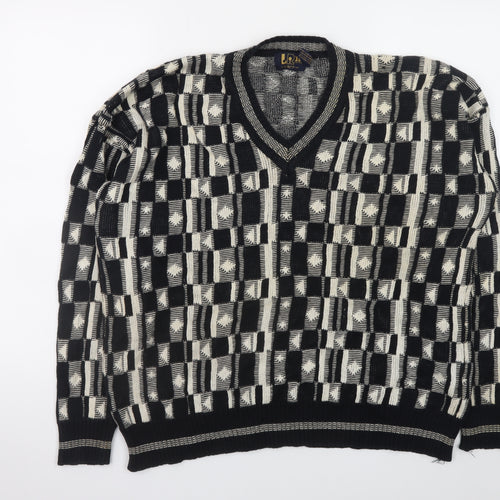 Le Roy Men’s Black Geometric Cotton Knit V-Neck Pullover Jumper XL