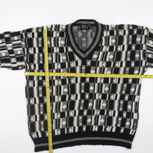 Le Roy Men’s Black Geometric Cotton Knit V-Neck Pullover Jumper XL