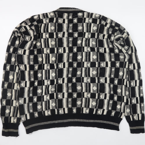 Le Roy Men’s Black Geometric Cotton Knit V-Neck Pullover Jumper XL