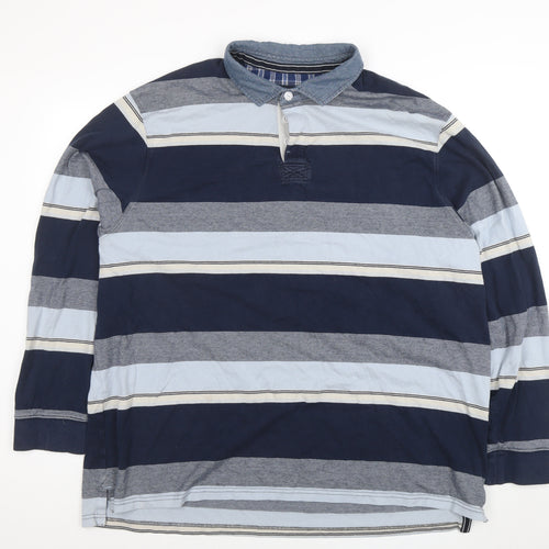 Maine New England Men's Blue Striped Long Sleeve Cotton Polo XXL