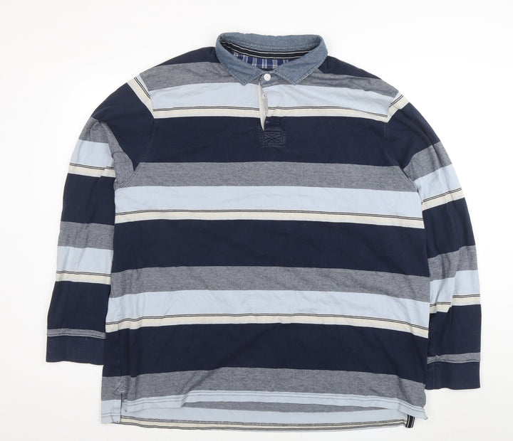 Maine New England Men's Blue Striped Long Sleeve Cotton Polo XXL