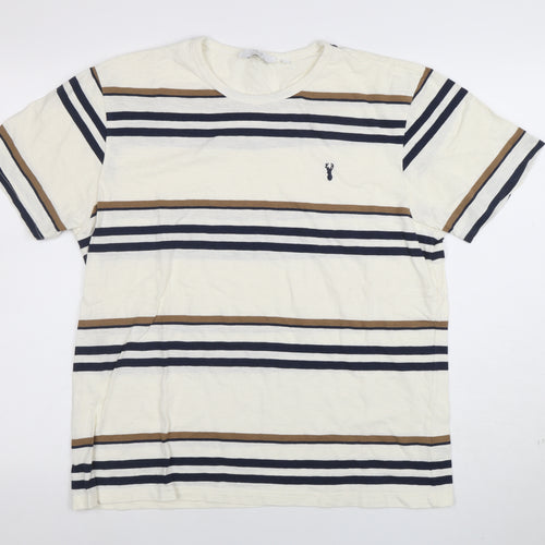 Next Men's Beige Striped Crew Neck Cotton T-Shirt Size M