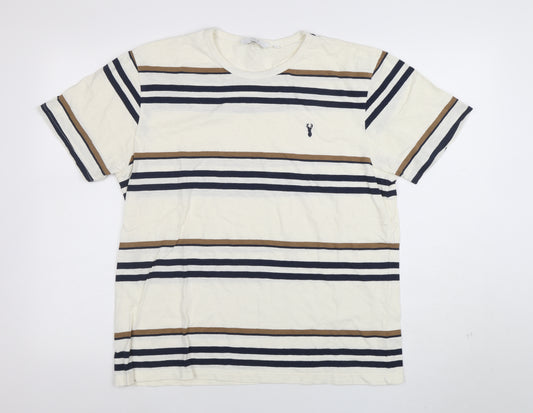 Next Men's Beige Striped Crew Neck Cotton T-Shirt Size M