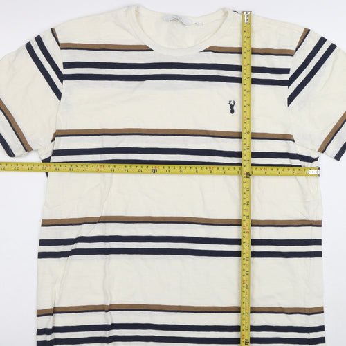 Next Men's Beige Striped Crew Neck Cotton T-Shirt Size M