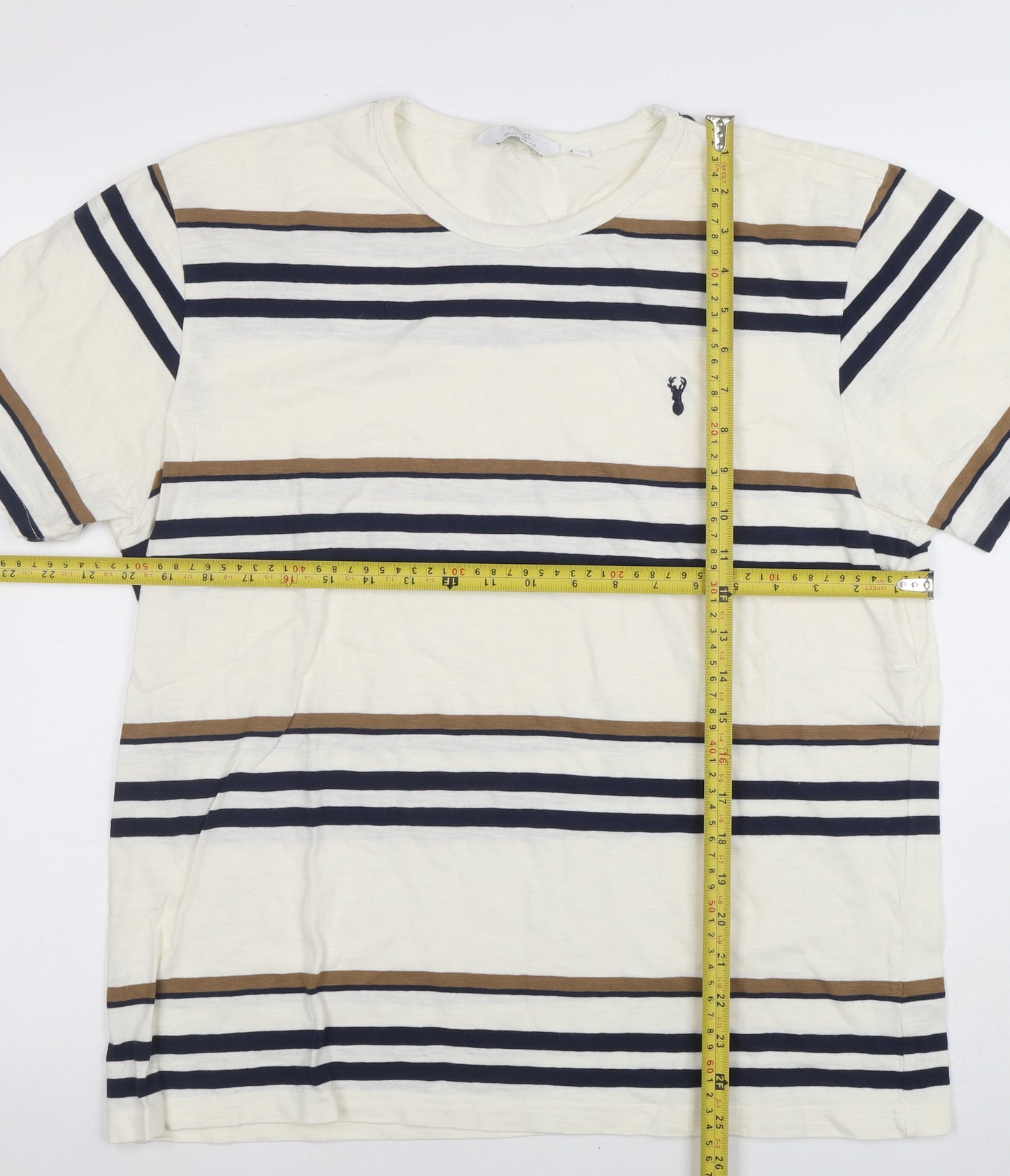 Next Men's Beige Striped Crew Neck Cotton T-Shirt Size M