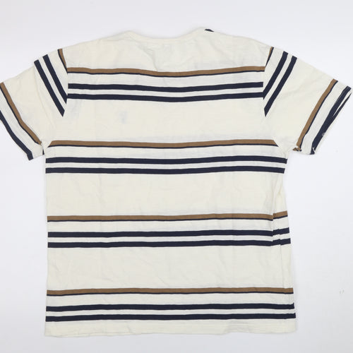 Next Men's Beige Striped Crew Neck Cotton T-Shirt Size M