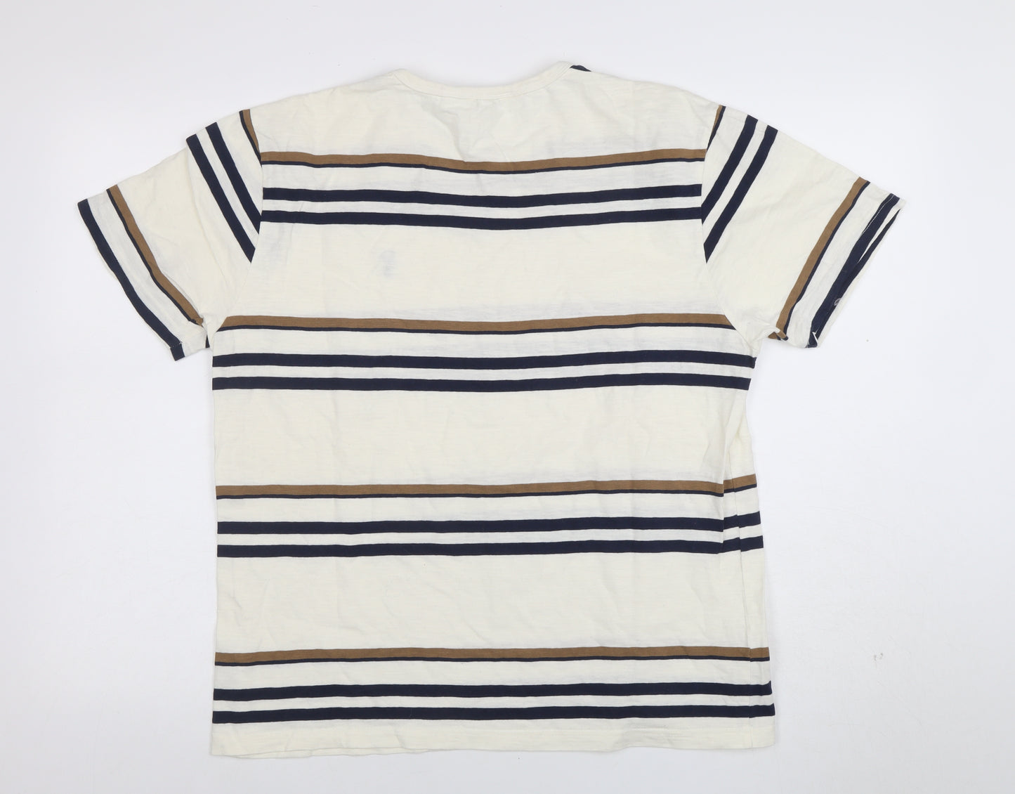 Next Men's Beige Striped Crew Neck Cotton T-Shirt Size M