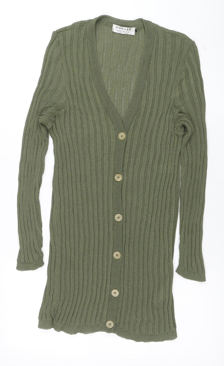 Jaeger Women’s Green V-Neck Ribbed Knit Long Sleeve Cardigan Size 10