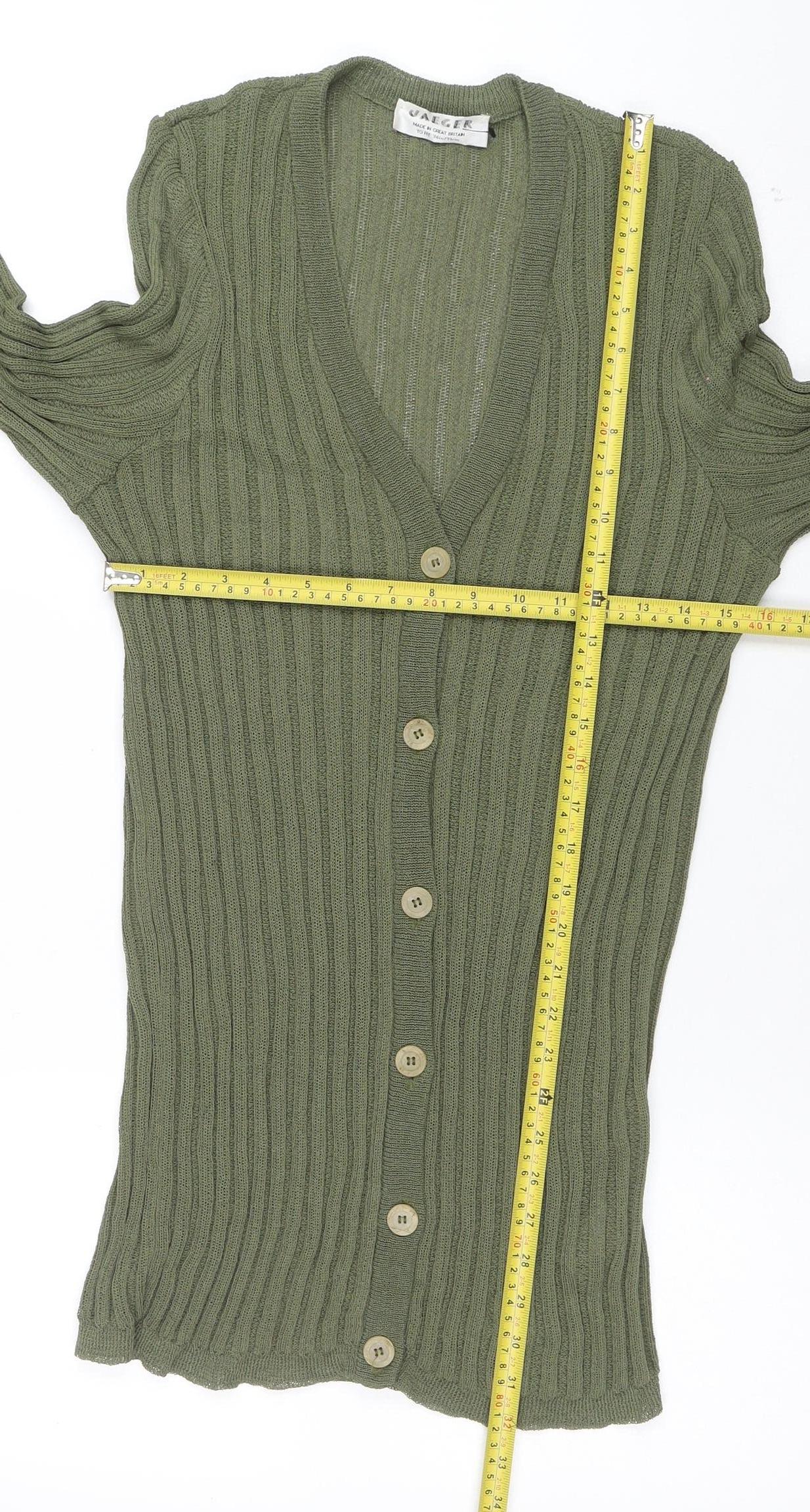 Jaeger Women’s Green V-Neck Ribbed Knit Long Sleeve Cardigan Size 10