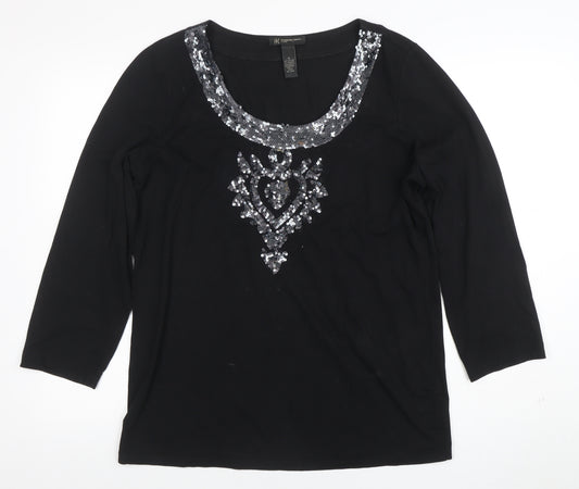 INC International Concepts Womens Black Sequin Scoop Neck 3/4 Sleeve Top XL