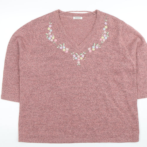 Damart Women’s Pink Embroidered V-Neck 3/4 Sleeve Knit Jumper XL