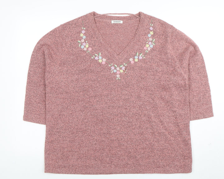 Damart Women’s Pink Embroidered V-Neck 3/4 Sleeve Knit Jumper XL