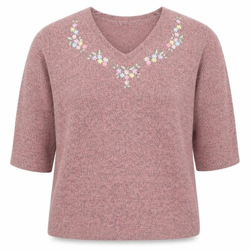 Damart Women’s Pink Embroidered V-Neck 3/4 Sleeve Knit Jumper XL