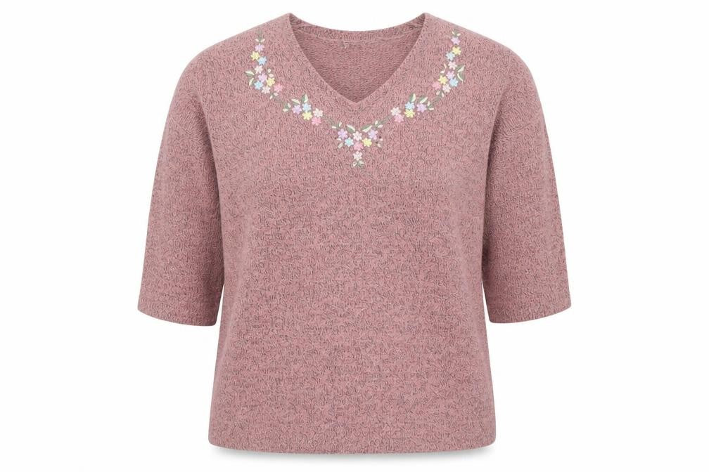 Damart Women’s Pink Embroidered V-Neck 3/4 Sleeve Knit Jumper XL