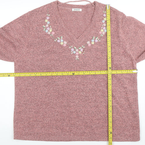 Damart Women’s Pink Embroidered V-Neck 3/4 Sleeve Knit Jumper XL
