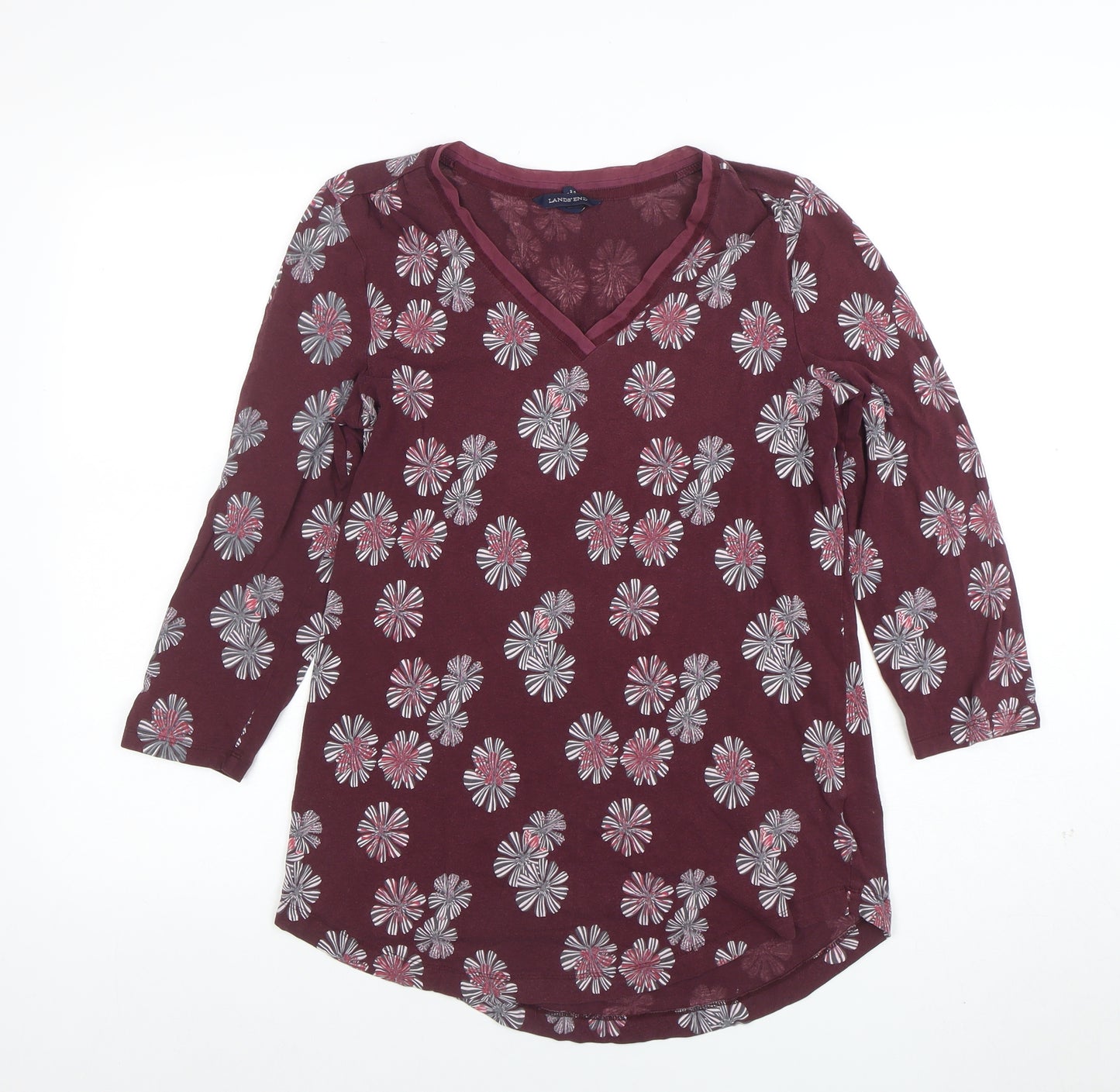 Lands' End Women's Red Floral 3/4 Sleeve V-Neck Tunic Top Size S