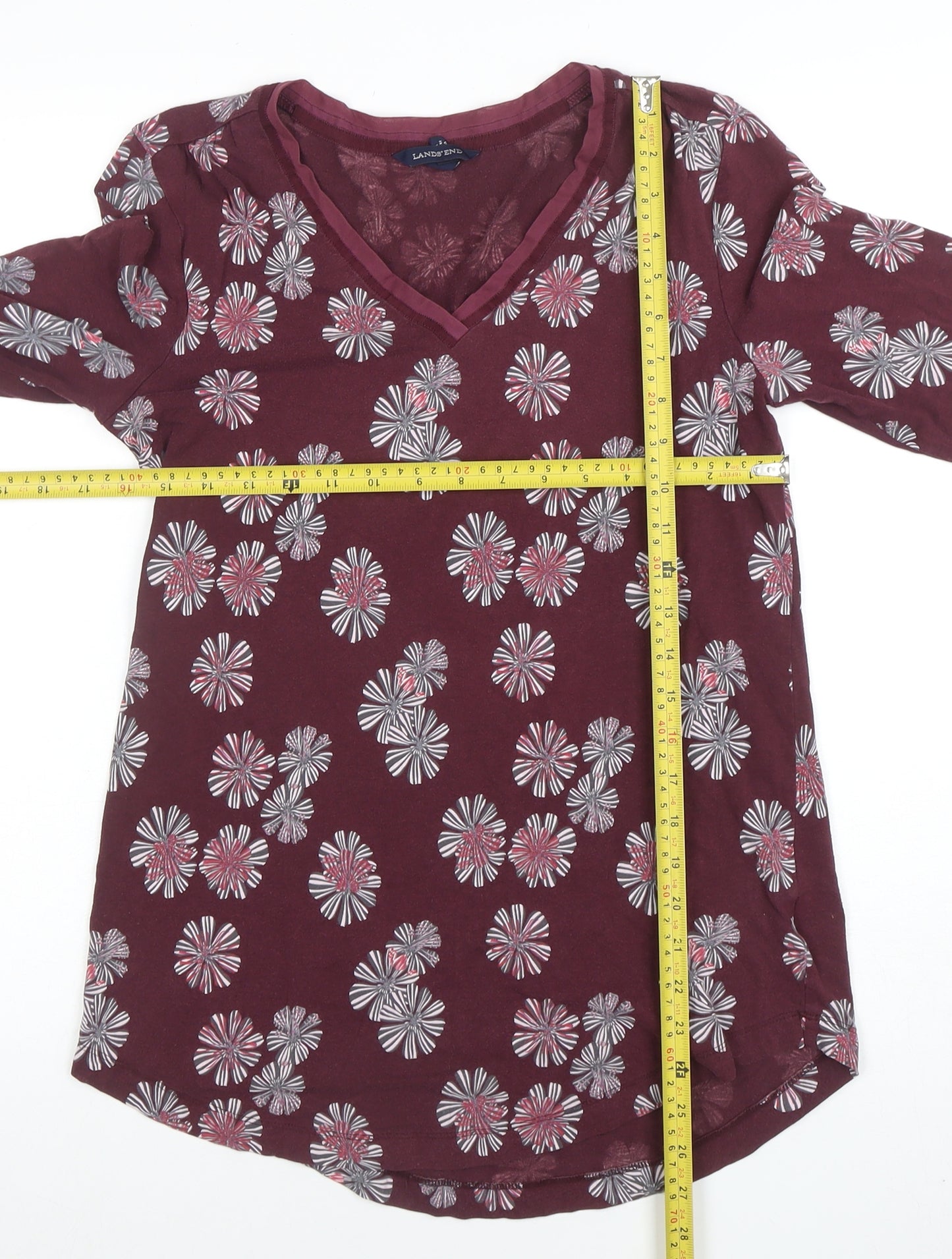 Lands' End Women's Red Floral 3/4 Sleeve V-Neck Tunic Top Size S