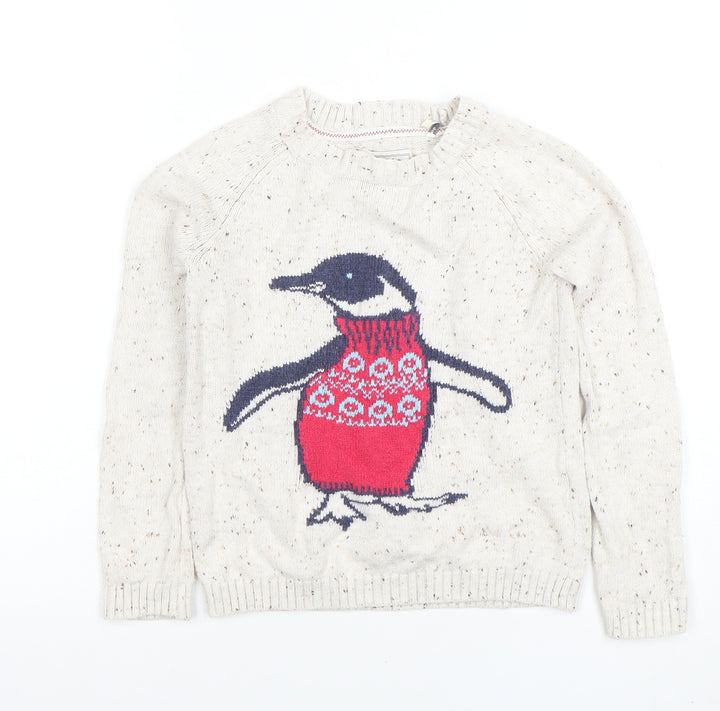 FatFace Boys Beige Penguin Crew Neck Cotton Jumper 6-7 Years Winter Knit