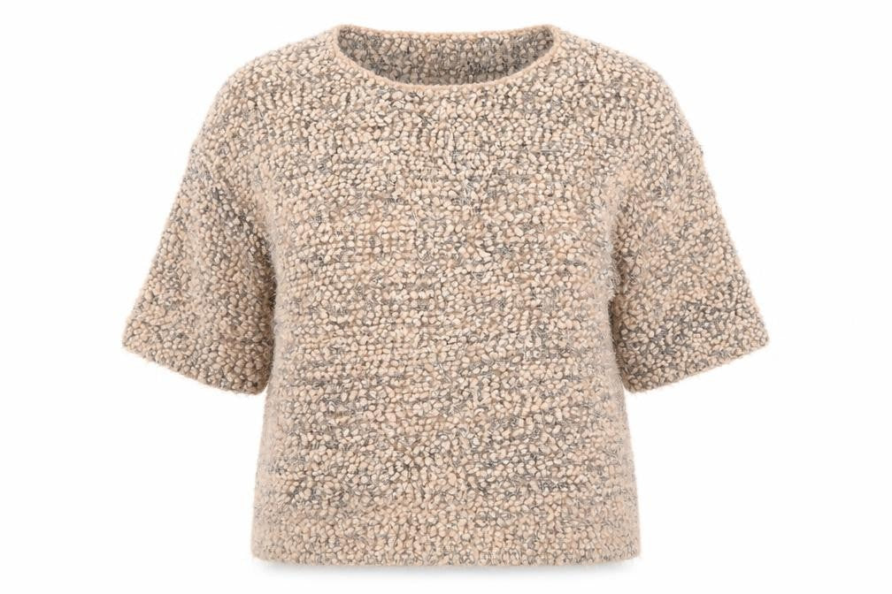Front view of Joanna Hope women’s beige chunky knit short sleeve jumper, size UK 18