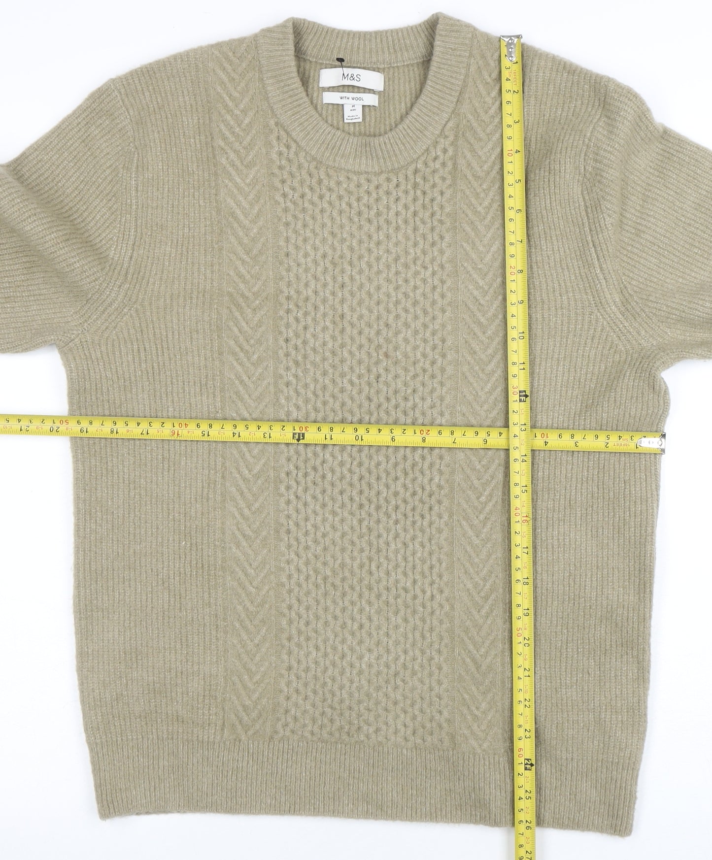 Marks and Spencer Men's Beige Wool Blend Cable Knit Jumper M Regular
