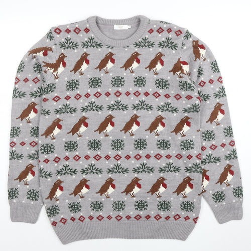 Cotton Traders Men's Grey Christmas Robin Fair Isle Pullover Jumper Size M