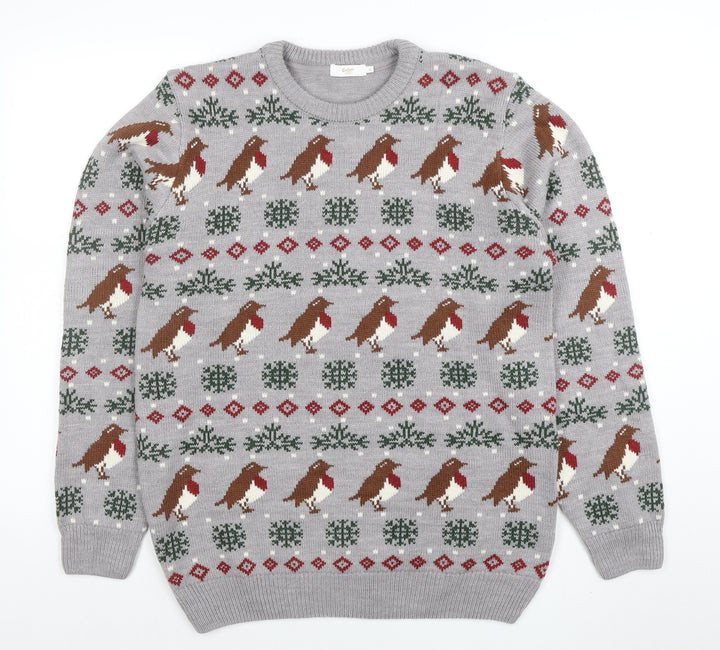 Cotton Traders Men's Grey Christmas Robin Fair Isle Pullover Jumper Size M