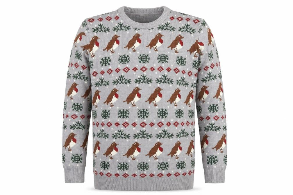 Front view of Cotton Traders Men's Grey Christmas Robin Fair Isle jumper, size M