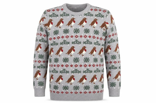 Front view of Cotton Traders Men's Grey Christmas Robin Fair Isle jumper, size M