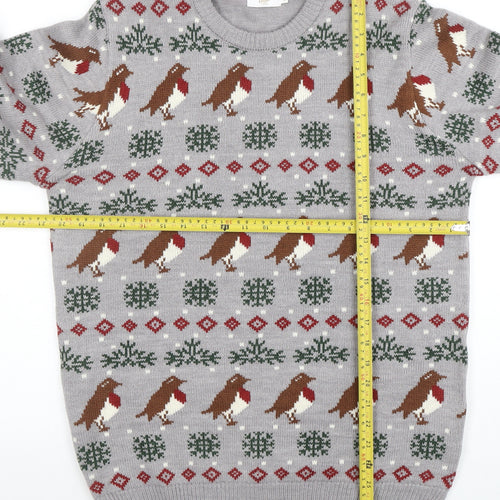 Cotton Traders Men's Grey Christmas Robin Fair Isle Pullover Jumper Size M