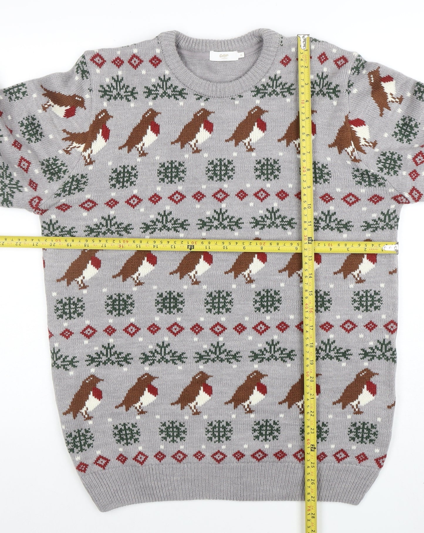 Cotton Traders Men's Grey Christmas Robin Fair Isle Pullover Jumper Size M