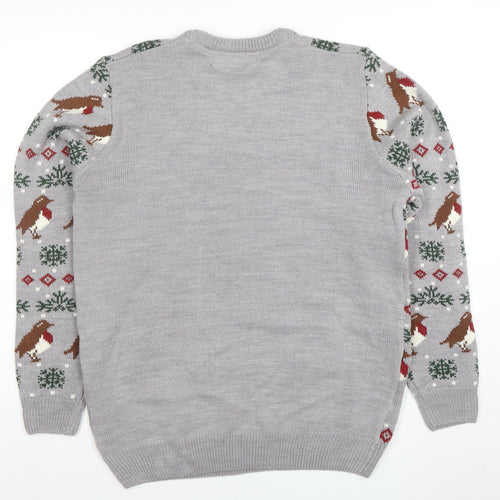 Cotton Traders Men's Grey Christmas Robin Fair Isle Pullover Jumper Size M