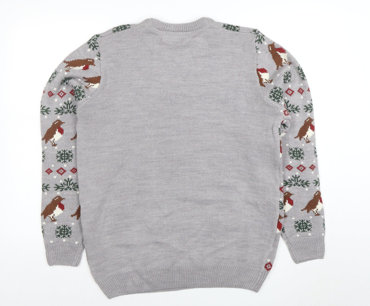 Cotton Traders Men's Grey Christmas Robin Fair Isle Pullover Jumper Size M