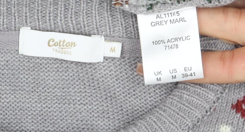 Cotton Traders Men's Grey Christmas Robin Fair Isle Pullover Jumper Size M