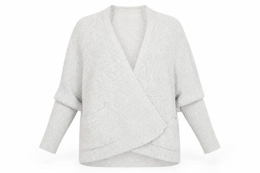 Front view of Faithful and True women’s grey chunky knit long sleeve cardigan, size UK 12