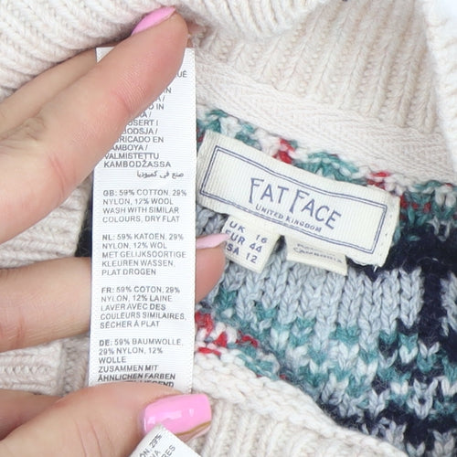 Fat Face Womens Beige Fair Isle High Neck Knit Jumper Size 16