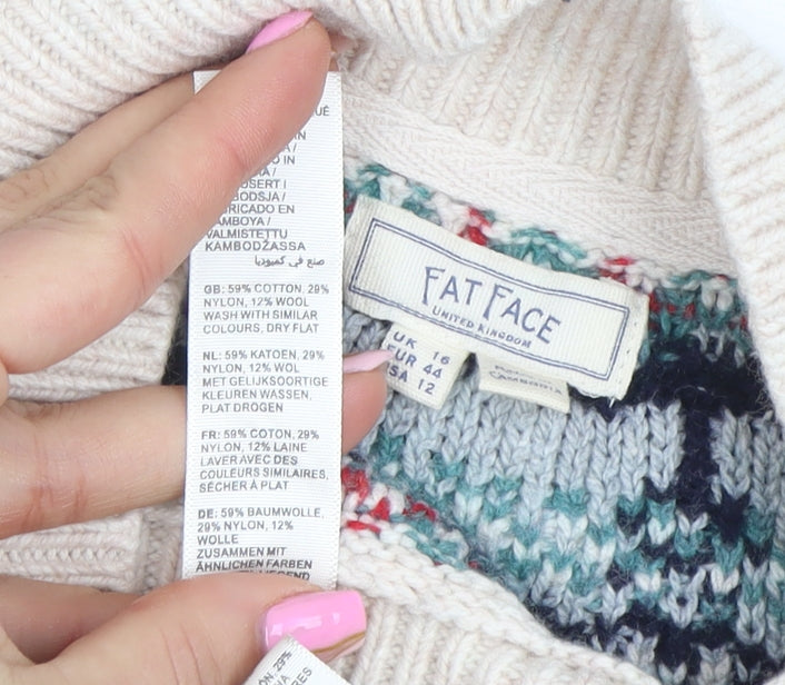 Fat Face Womens Beige Fair Isle High Neck Knit Jumper Size 16