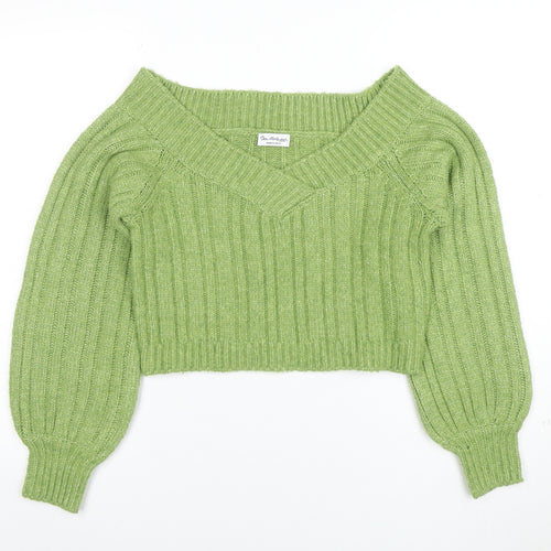 Miss Selfridge Womens Green V-Neck Ribbed Knit Pullover Jumper Size S