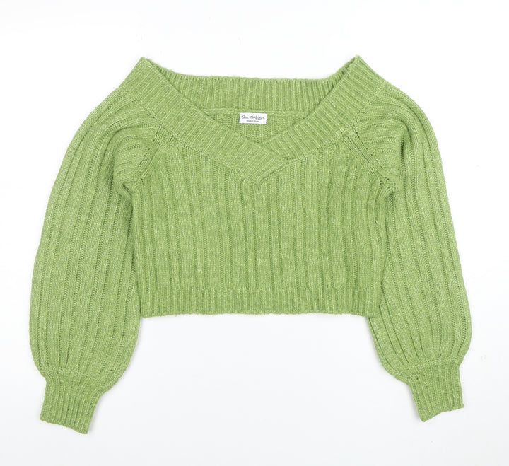 Miss Selfridge Womens Green V-Neck Ribbed Knit Pullover Jumper Size S