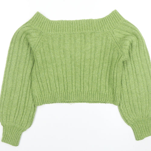 Miss Selfridge Womens Green V-Neck Ribbed Knit Pullover Jumper Size S