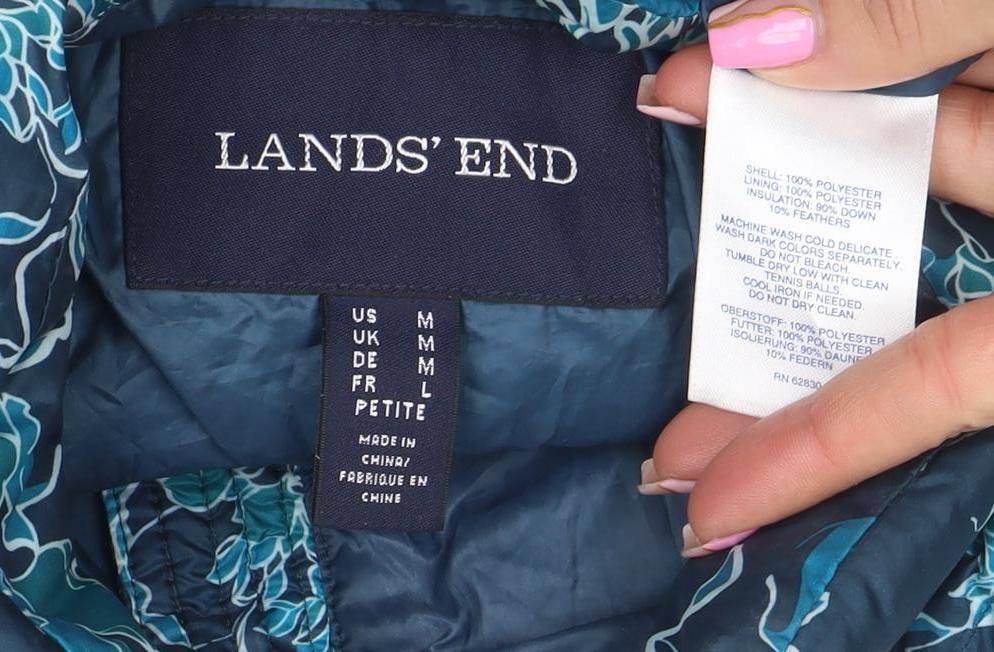 Lands' End Women's Blue Floral Quilted Puffer Jacket L Petite