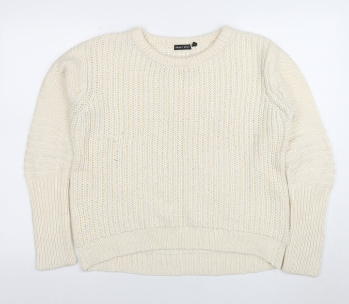 Brave Soul Women Ivory Chunky Knit Crew Neck Jumper Size M
