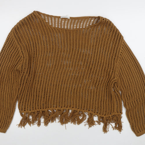 Encuentro Women Brown XL Open-Knit Fringe Pullover Jumper