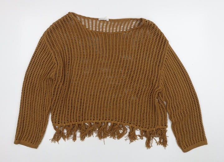 Encuentro Women Brown XL Open-Knit Fringe Pullover Jumper