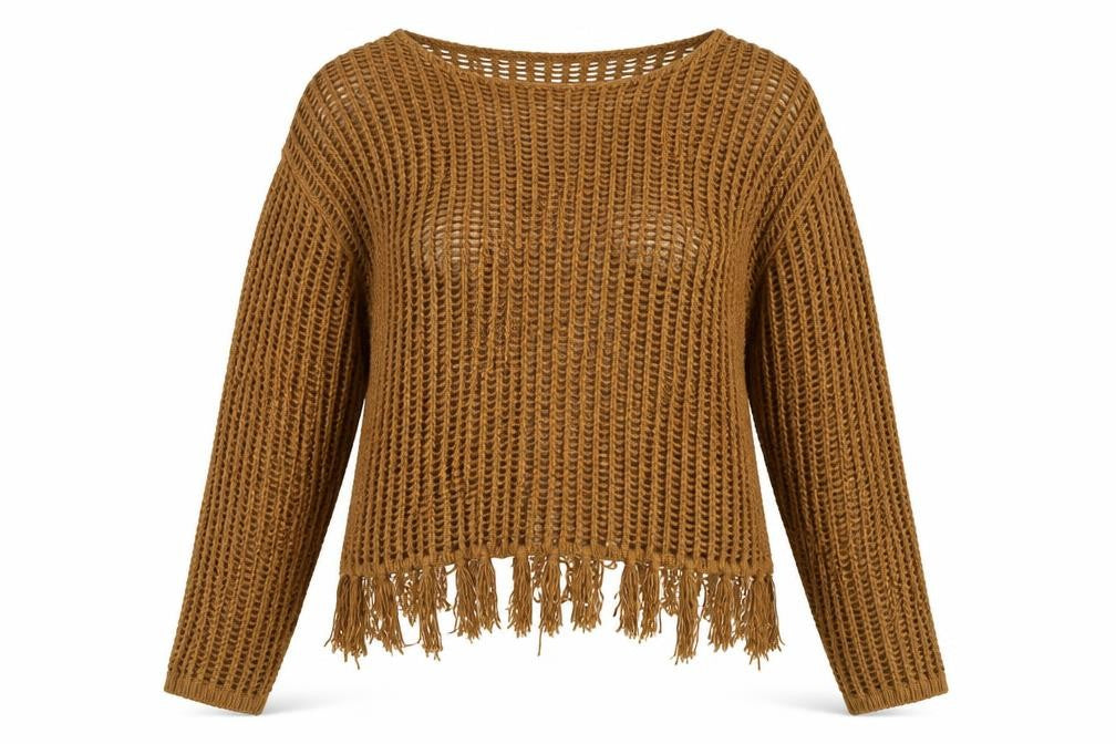 Front view of Encuentro Women Brown XL Open-Knit Fringe jumper