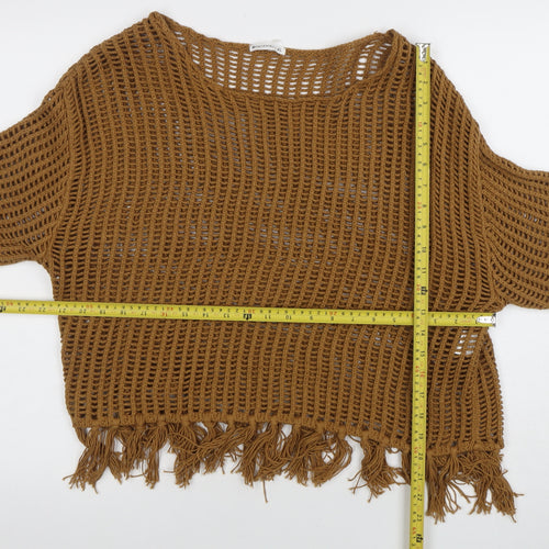 Encuentro Women Brown XL Open-Knit Fringe Pullover Jumper