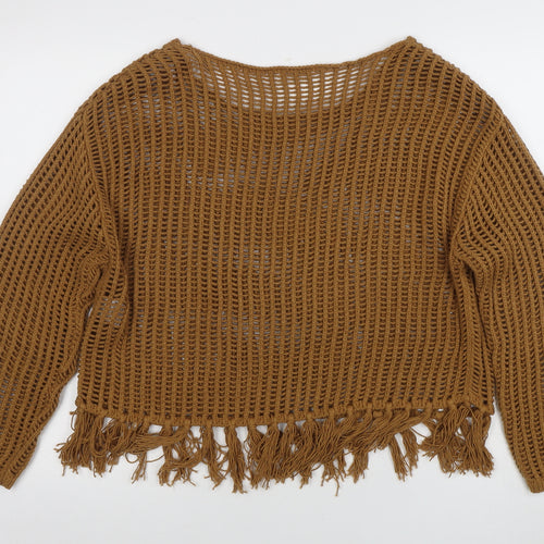 Encuentro Women Brown XL Open-Knit Fringe Pullover Jumper